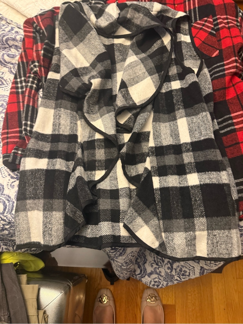 Amazon Women's Black and White Plaid Open Front Cardigan